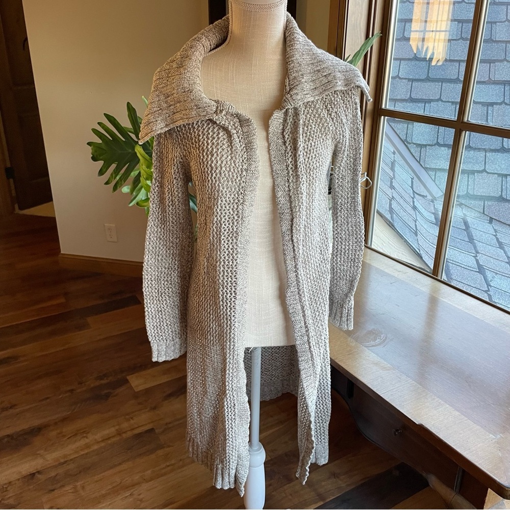 Peruvian Connection Textured Cotton Long Line Open Cardigan in Gray Marl Med